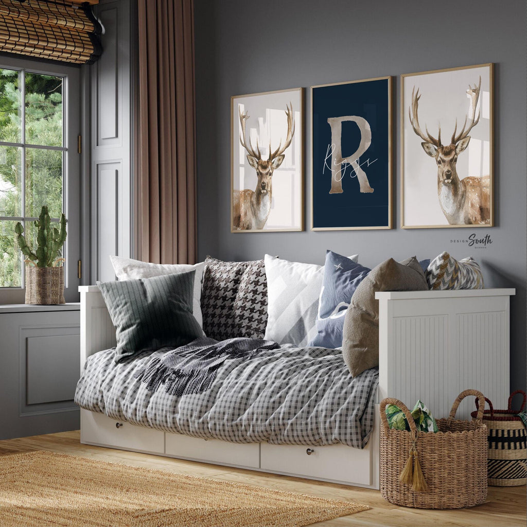 Little Hunter Deer Wall Art Set of 3, Personalized Boys Name & Initial, Watercolor Buck Prints, Rustic Forest Nursery Decor