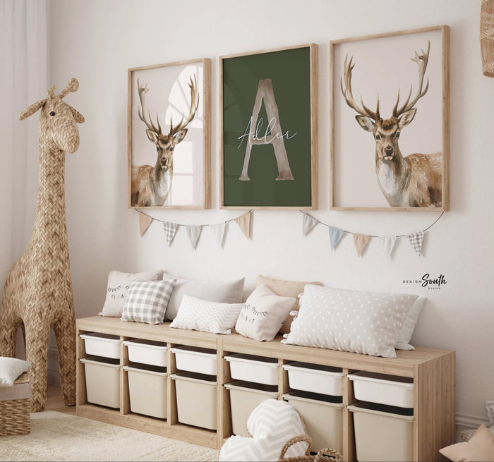 Hunter Green Deer Wall Art Set of 3, Personalized Boys Name & Initial Prints, Watercolor Buck Nursery Decor, Buck Deer Theme Bedroom