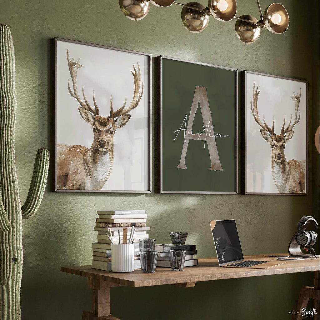 Hunter Green Deer Wall Art Set of 3, Personalized Boys Name & Initial Prints, Watercolor Buck Nursery Decor, Buck Deer Theme Bedroom