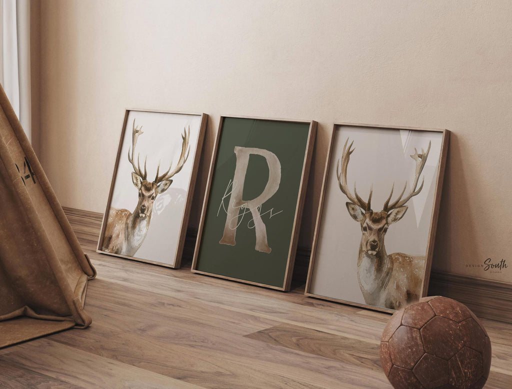 Hunter Green Deer Wall Art Set of 3, Personalized Boys Name & Initial Prints, Watercolor Buck Nursery Decor, Buck Deer Theme Bedroom
