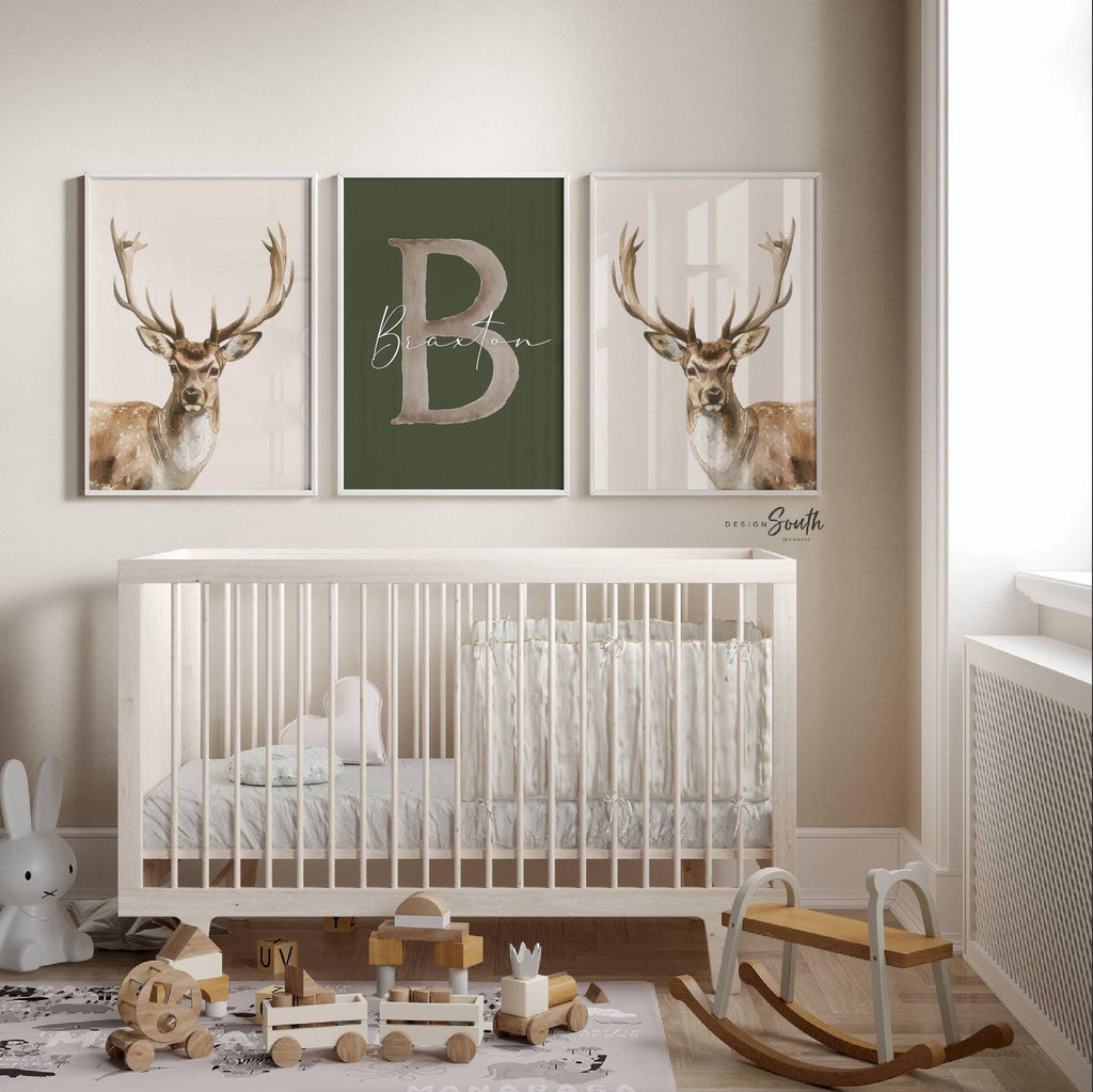Hunter Green Deer Wall Art Set of 3, Personalized Boys Name & Initial Prints, Watercolor Buck Nursery Decor, Buck Deer Theme Bedroom