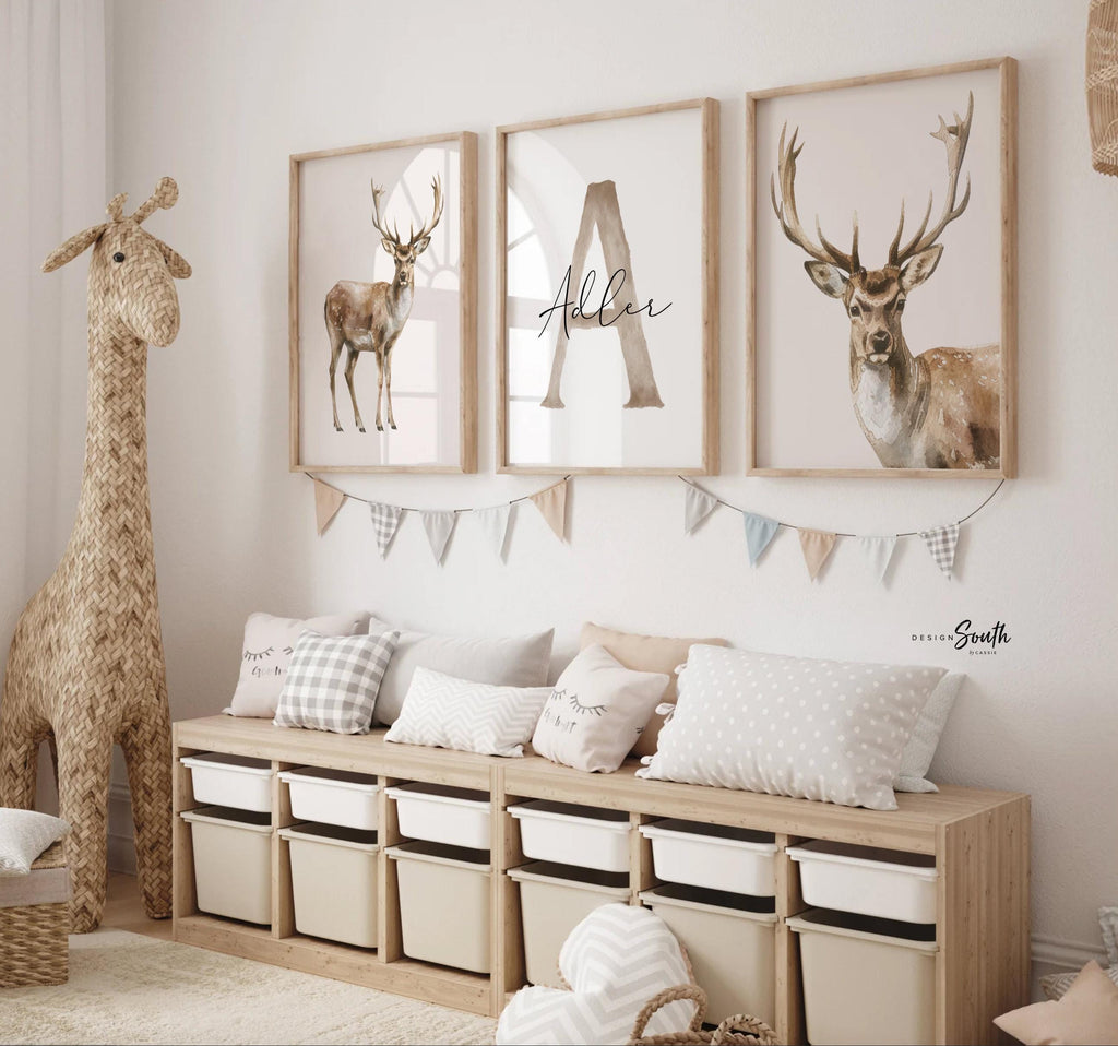 Little Hunter Deer Wall Art Set of 3, Personalized Boys Name & Initial Prints, Watercolor Buck Nursery Decor, Rustic Forest Bedroom