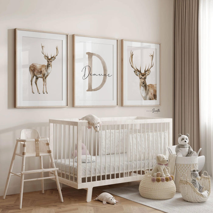 Little Hunter Deer Wall Art Set of 3, Personalized Boys Name & Initial Prints, Watercolor Buck Nursery Decor, Rustic Forest Bedroom
