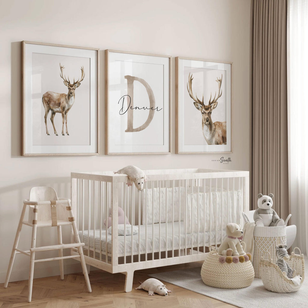 Little Hunter Deer Wall Art Set of 3, Personalized Boys Name & Initial Prints, Watercolor Buck Nursery Decor, Rustic Forest Bedroom