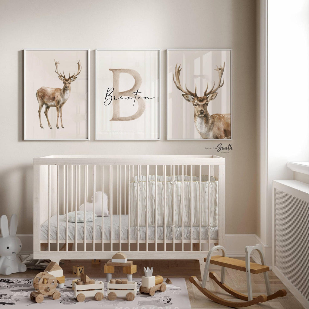 Little Hunter Deer Wall Art Set of 3, Personalized Boys Name & Initial Prints, Watercolor Buck Nursery Decor, Rustic Forest Bedroom
