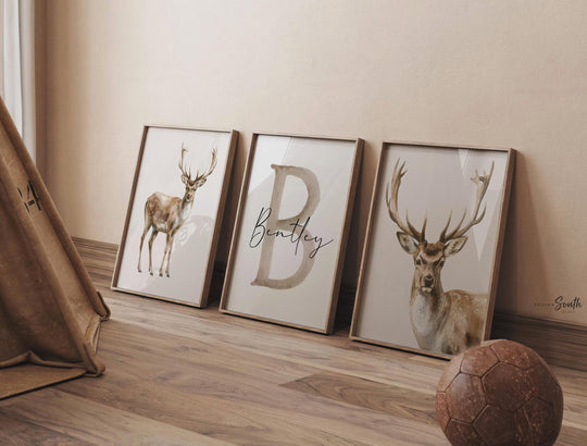 Little Hunter Deer Wall Art Set of 3, Personalized Boys Name & Initial Prints, Watercolor Buck Nursery Decor, Rustic Forest Bedroom