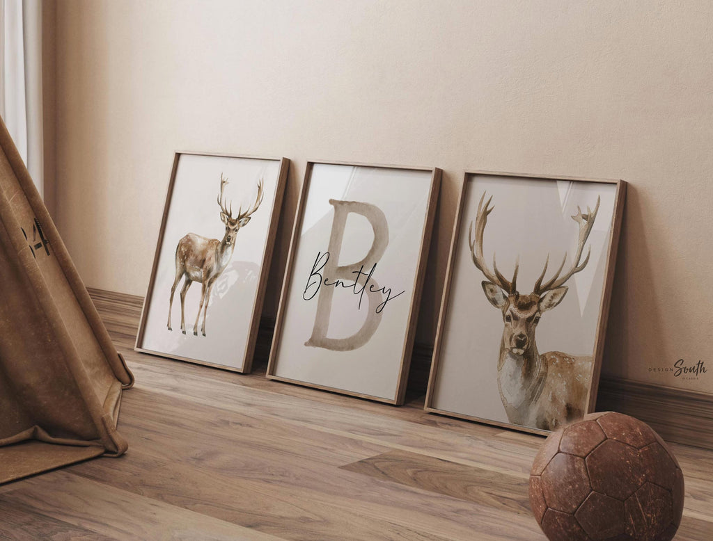 Little Hunter Deer Wall Art Set of 3, Personalized Boys Name & Initial Prints, Watercolor Buck Nursery Decor, Rustic Forest Bedroom