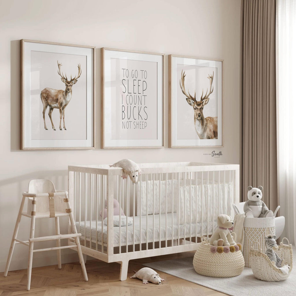 Deer Wall Art Set of 3 with Quote ‘To Go To Sleep I Count Bucks Not Sheep,’ Watercolor Buck Prints, Rustic Woodland Nursery Decor