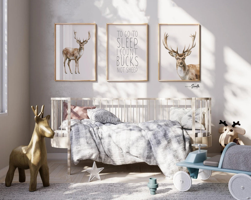 Deer Wall Art Set of 3 with Quote ‘To Go To Sleep I Count Bucks Not Sheep,’ Watercolor Buck Prints, Rustic Woodland Nursery Decor