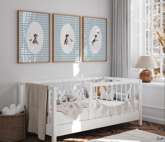 German Shorthaired Pointer Puppy Print Set: Baby Blue Gingham Check Nursery Decor