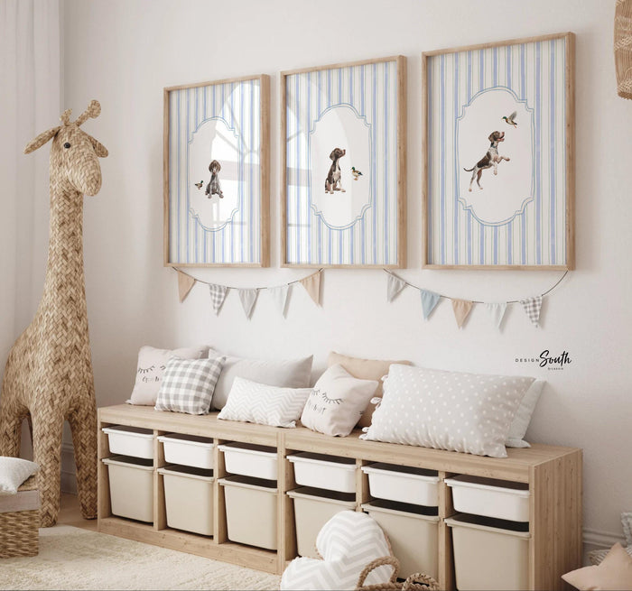 German Shorthaired Pointer Nursery Art Prints: Blue Stripe Duck Decor