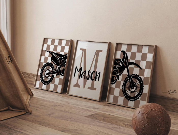Personalized Dirt Bike Nursery Art: Boys Room Decor, Blue & Brown Taupe Prints