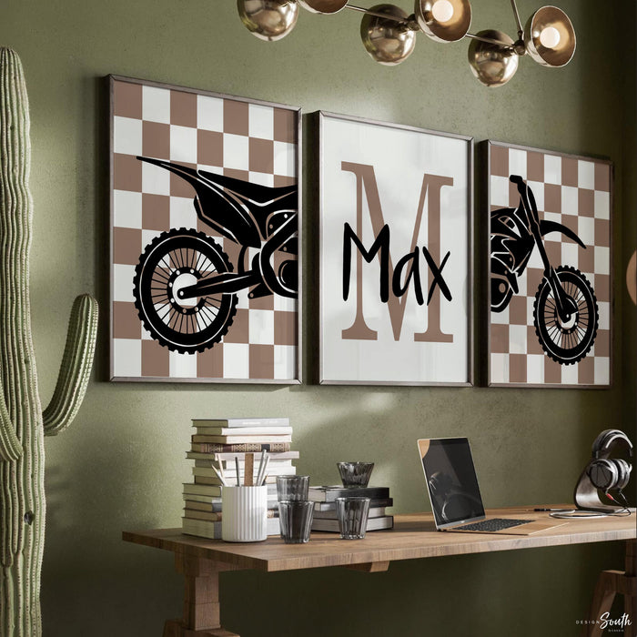 Personalized Dirt Bike Nursery Art: Boys Room Decor, Blue & Brown Taupe Prints