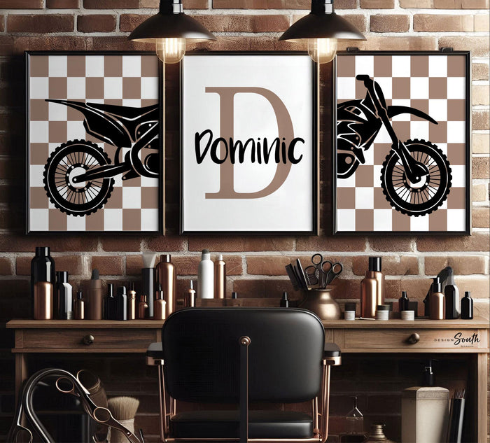 Personalized Dirt Bike Nursery Art: Boys Room Decor, Blue & Brown Taupe Prints