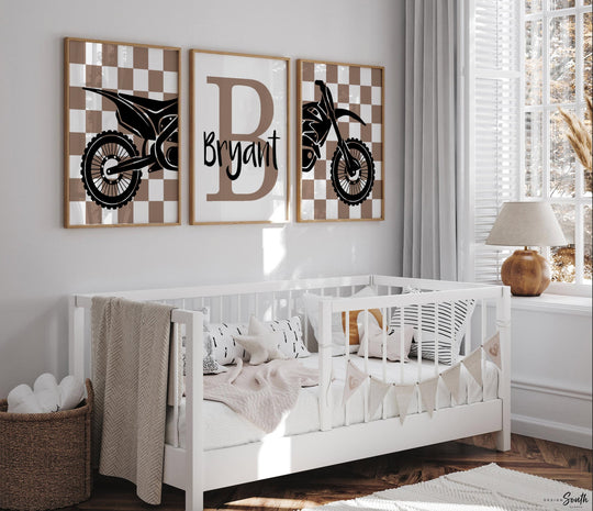 Personalized Dirt Bike Nursery Art: Boys Room Decor, Blue & Brown Taupe Prints