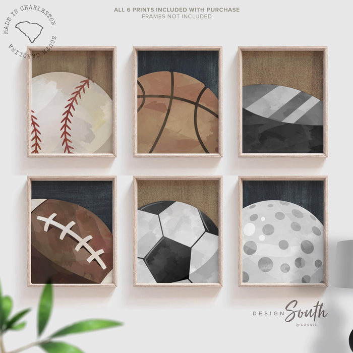 Vintage Sports Bedroom Wall Art, Set of 6, Modern Boys Sports Room Decor