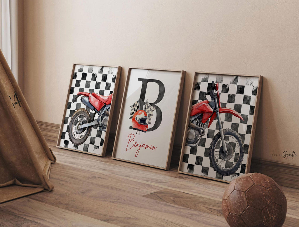 Personalized Dirt Bike Wall Art: Checkered Flag Prints with Name Initial, Boys Room Decor