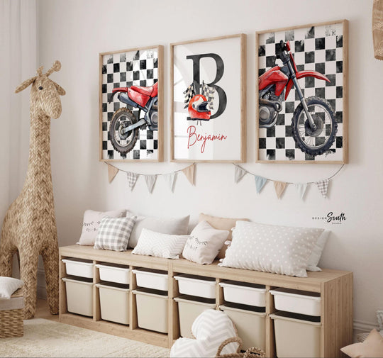 Personalized Dirt Bike Wall Art: Checkered Flag Prints with Name Initial, Boys Room Decor