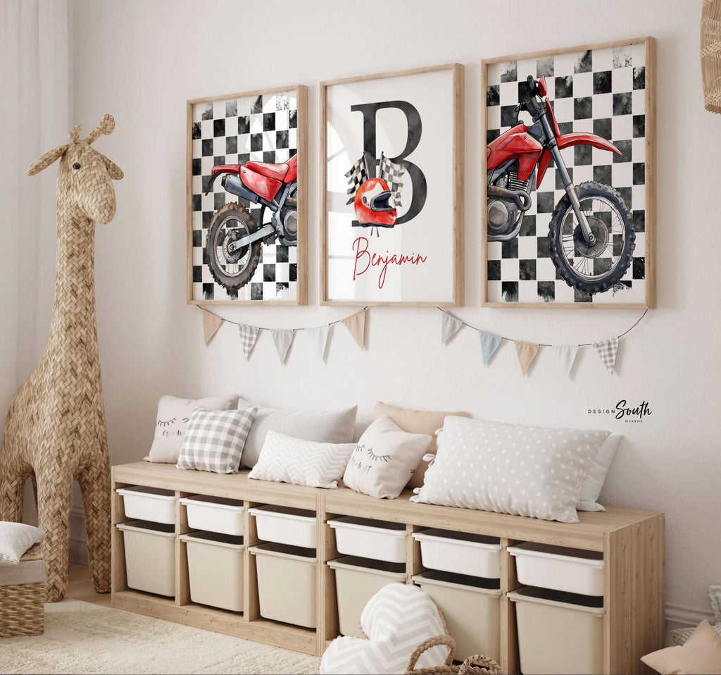 Personalized Dirt Bike Wall Art: Checkered Flag Prints with Name Initial, Boys Room Decor