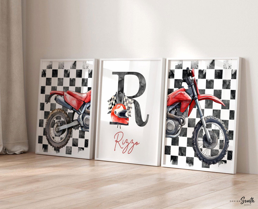 Personalized Dirt Bike Wall Art: Checkered Flag Prints with Name Initial, Boys Room Decor