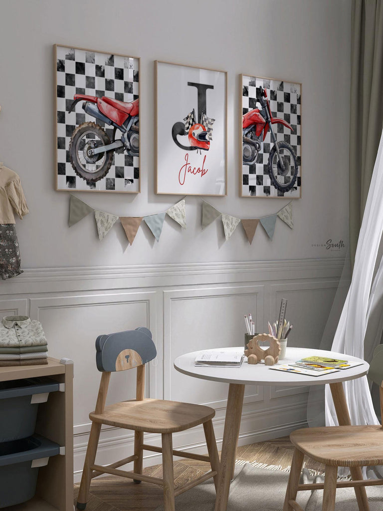 Personalized Dirt Bike Wall Art: Checkered Flag Prints with Name Initial, Boys Room Decor