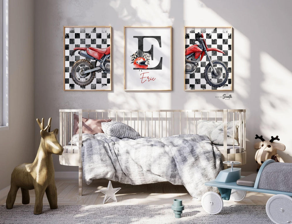 Personalized Dirt Bike Wall Art: Checkered Flag Prints with Name Initial, Boys Room Decor