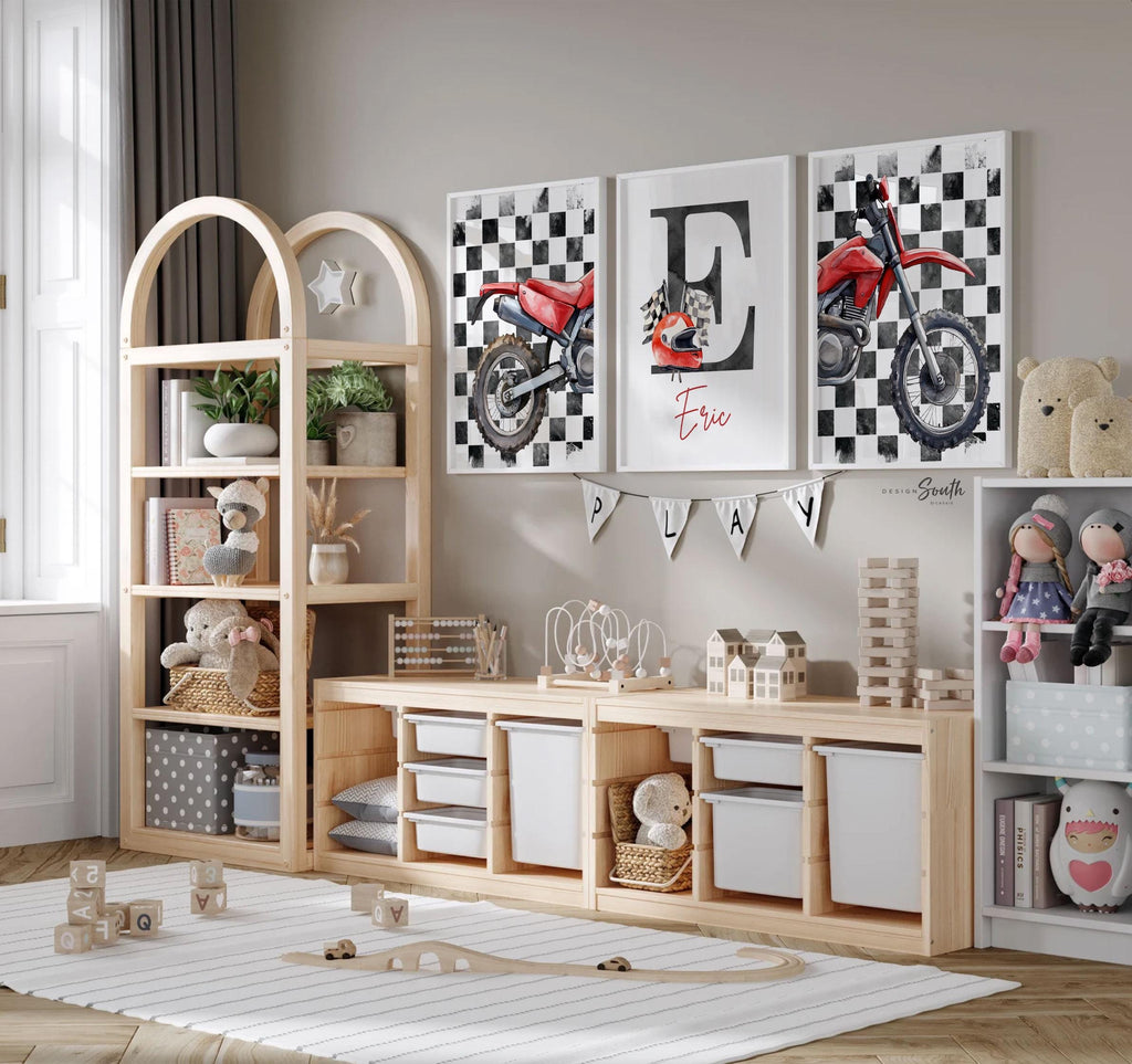 Personalized Dirt Bike Wall Art: Checkered Flag Prints with Name Initial, Boys Room Decor