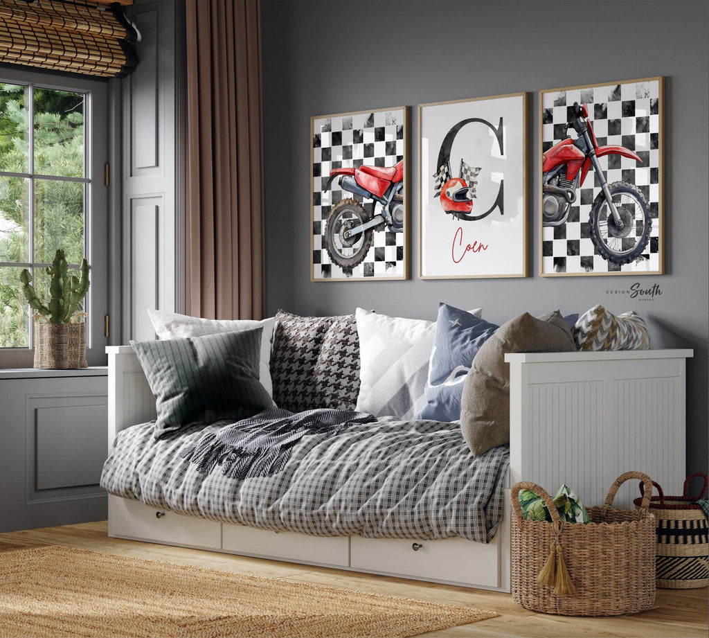 Personalized Dirt Bike Wall Art: Checkered Flag Prints with Name Initial, Boys Room Decor