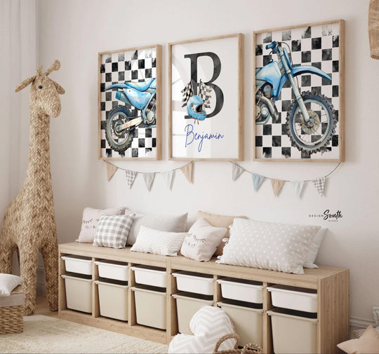 Personalized Dirt Bike Wall Art: Checkered Flag Prints with Name Initial, Boys Room Decor