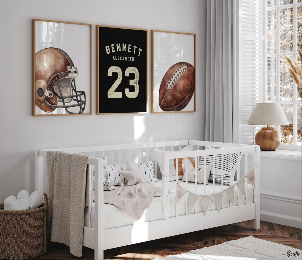 Personalized Football Wall Art Set of 3, Custom Name & Number Prints with Football Helmet, Boys Sports Bedroom or Nursery Decor
