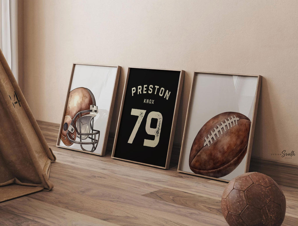 Personalized Football Wall Art Set of 3, Custom Name & Number Prints with Football Helmet, Boys Sports Bedroom or Nursery Decor