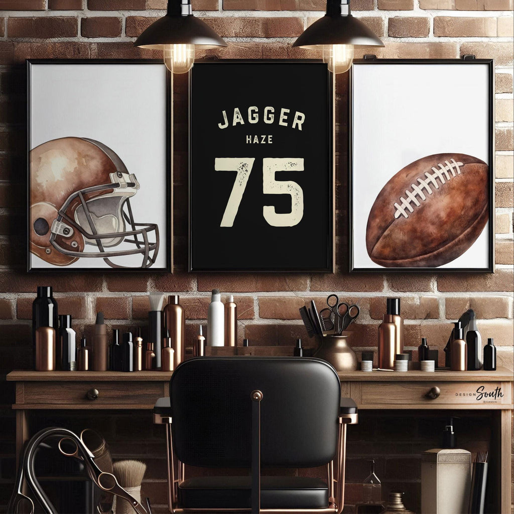 Personalized Football Wall Art Set of 3, Custom Name & Number Prints with Football Helmet, Boys Sports Bedroom or Nursery Decor