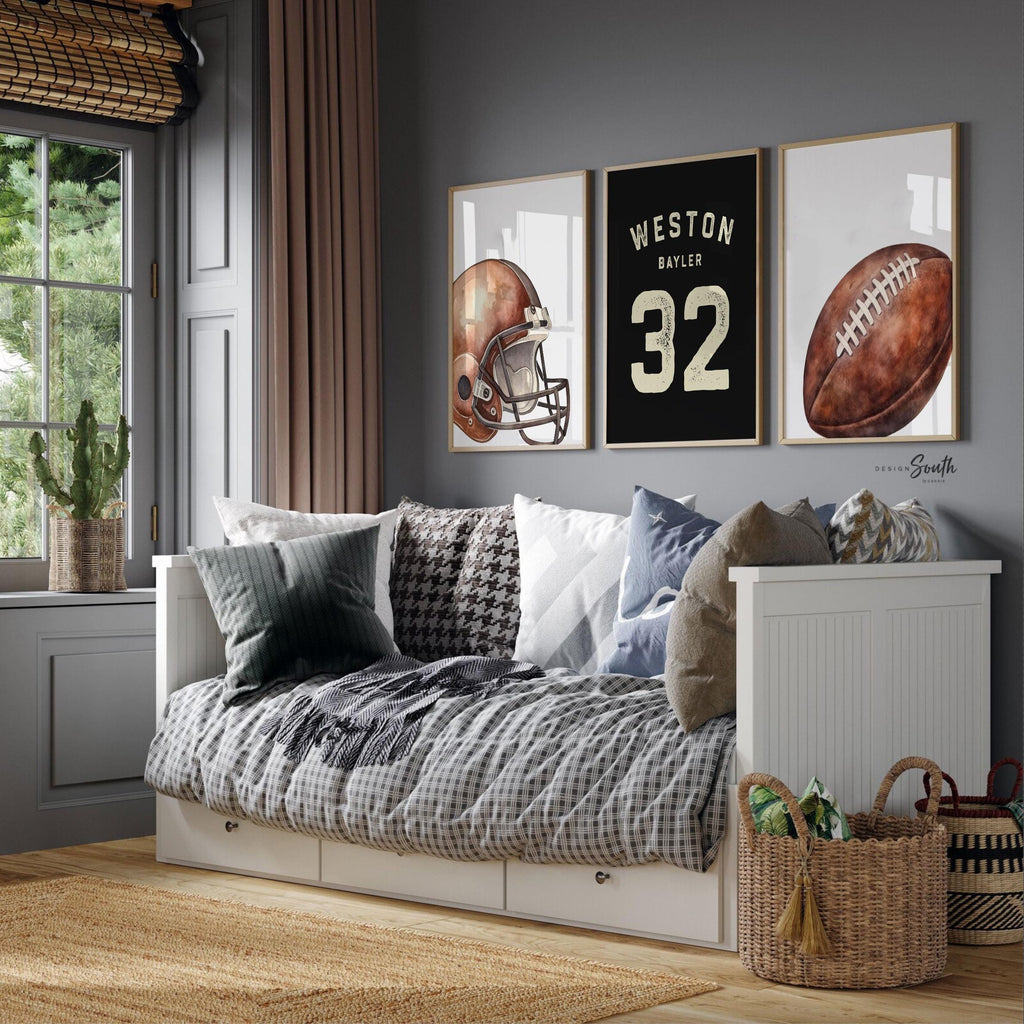 Personalized Football Wall Art Set of 3, Custom Name & Number Prints with Football Helmet, Boys Sports Bedroom or Nursery Decor