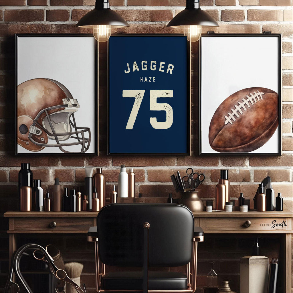 Navy Blue Football Wall Art Set of 3, Personalized Name & Number Prints with Football Helmet, Boys Sports Bedroom or Nursery Decor