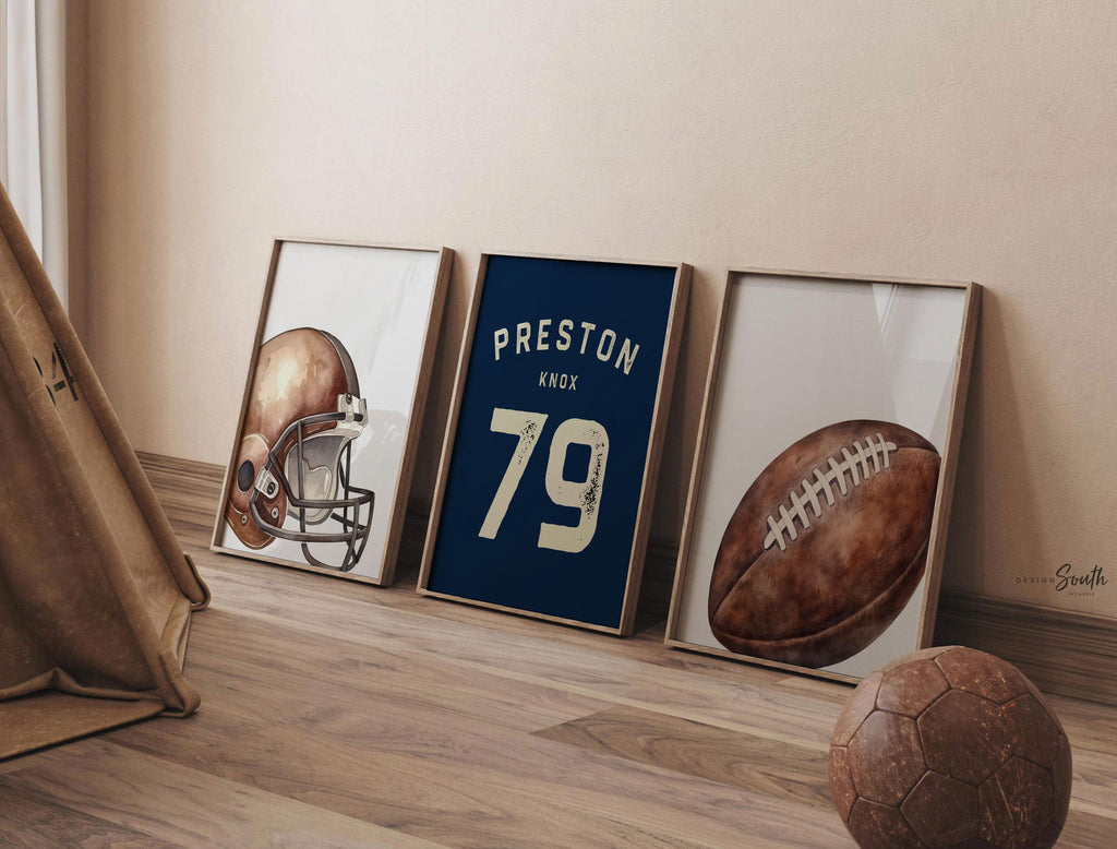 Navy Blue Football Wall Art Set of 3, Personalized Name & Number Prints with Football Helmet, Boys Sports Bedroom or Nursery Decor