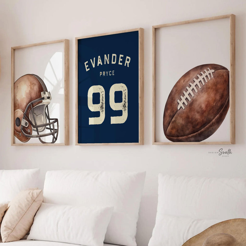 Navy Blue Football Wall Art Set of 3, Personalized Name & Number Prints with Football Helmet, Boys Sports Bedroom or Nursery Decor