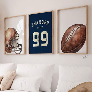 Navy Blue Football Wall Art Set of 3, Personalized Name & Number Prints with Football Helmet, Boys Sports Bedroom or Nursery Decor