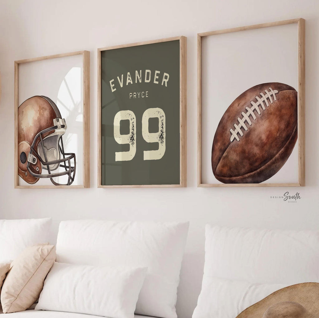 Personalized Football Wall Art Prints Set of 3, Custom Name & Number with Football Helmet, Boys Sports Bedroom or Playroom Decor