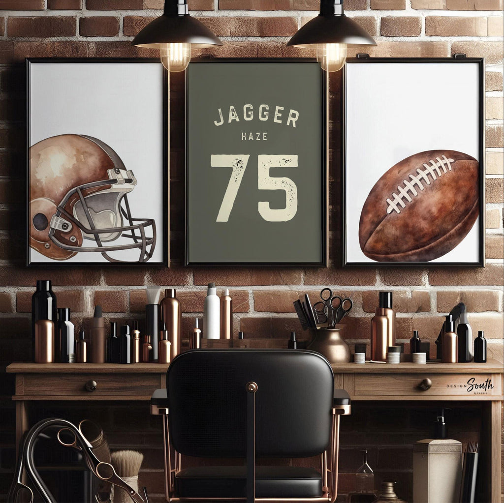 Personalized Football Wall Art Prints Set of 3, Custom Name & Number with Football Helmet, Boys Sports Bedroom or Playroom Decor