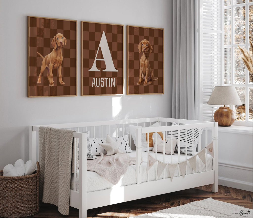 Personalized Vizsla Puppy Nursery Prints: Brown Checkerboard Wall Art with Name & Initial, Set of 3