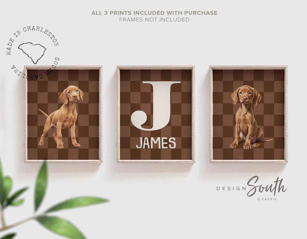 Personalized Vizsla Puppy Nursery Prints: Brown Checkerboard Wall Art with Name & Initial, Set of 3