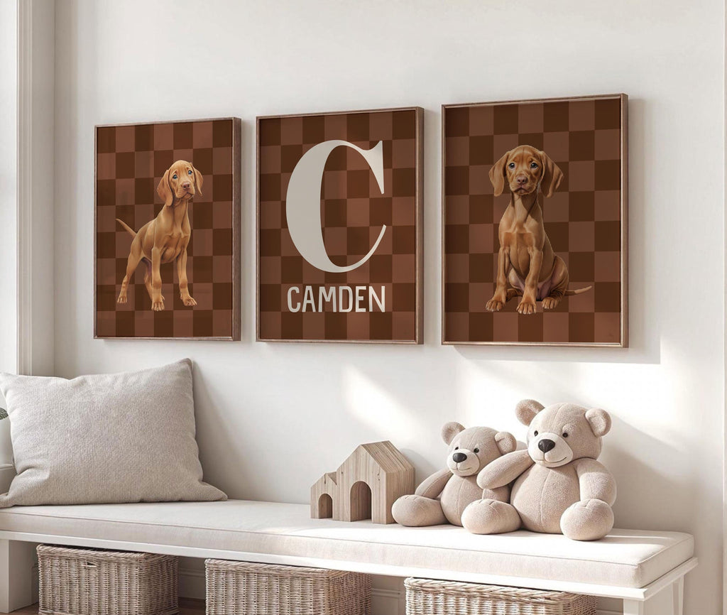 Personalized Vizsla Puppy Nursery Prints: Brown Checkerboard Wall Art with Name & Initial, Set of 3