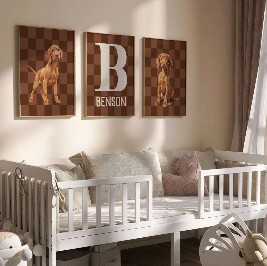Personalized Vizsla Puppy Nursery Prints: Brown Checkerboard Wall Art with Name & Initial, Set of 3