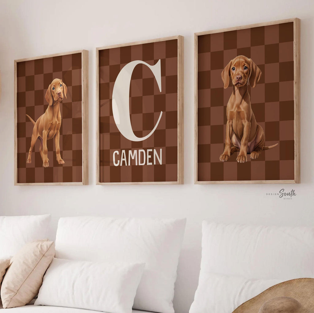 Personalized Vizsla Puppy Nursery Prints: Brown Checkerboard Wall Art with Name & Initial, Set of 3