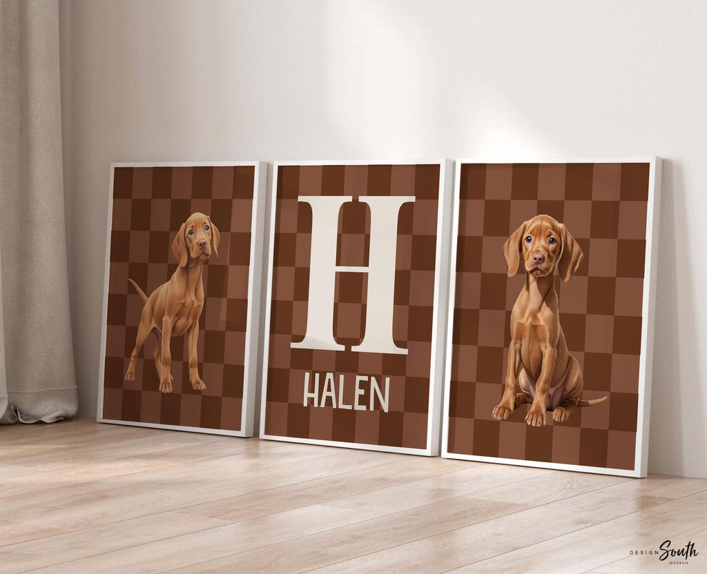 Personalized Vizsla Puppy Nursery Prints: Brown Checkerboard Wall Art with Name & Initial, Set of 3
