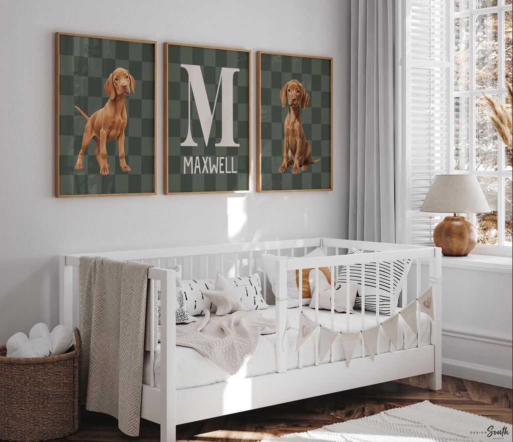 Custom Vizsla Puppy Wall Art: Green Checkerboard Nursery Prints with Name & Initial, Set of 3