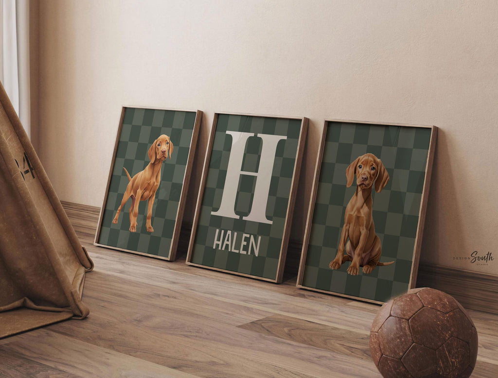 Custom Vizsla Puppy Wall Art: Green Checkerboard Nursery Prints with Name & Initial, Set of 3