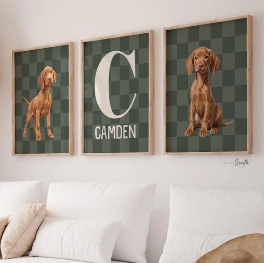 Custom Vizsla Puppy Wall Art: Green Checkerboard Nursery Prints with Name & Initial, Set of 3