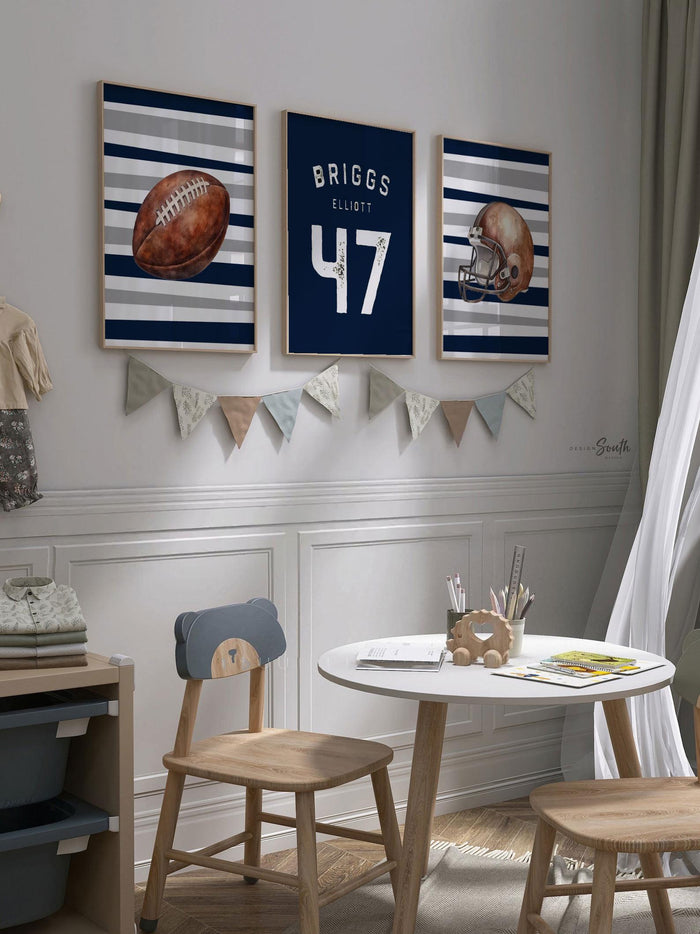 Personalized Navy Football Wall Art: Boy's Sports Room Decor, Set of 3