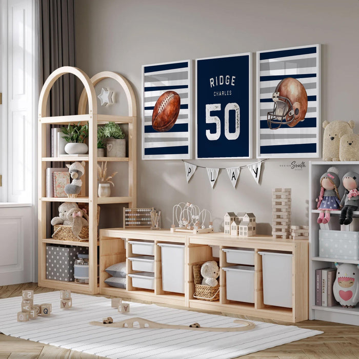 Personalized Navy Football Wall Art: Boy's Sports Room Decor, Set of 3